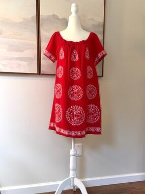 Red Embroidered Short Sleeve Peasant Dress